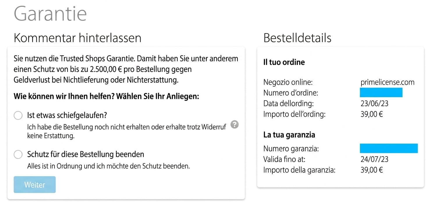 Trusted Shops-Garantie bei PrimeLicense